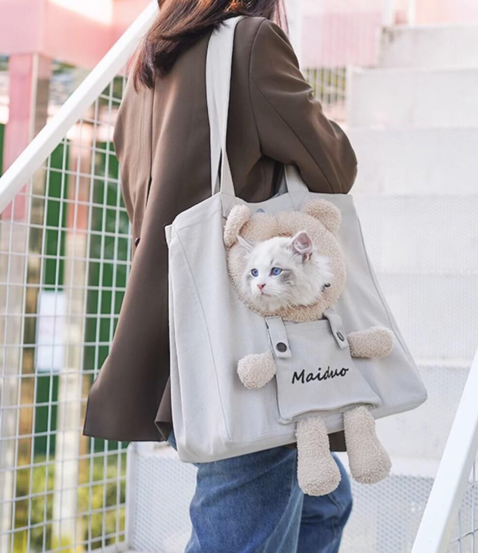 Cute Pet Carrier Canvas Shoulder Bag with Plush for Small Cat Dog unde