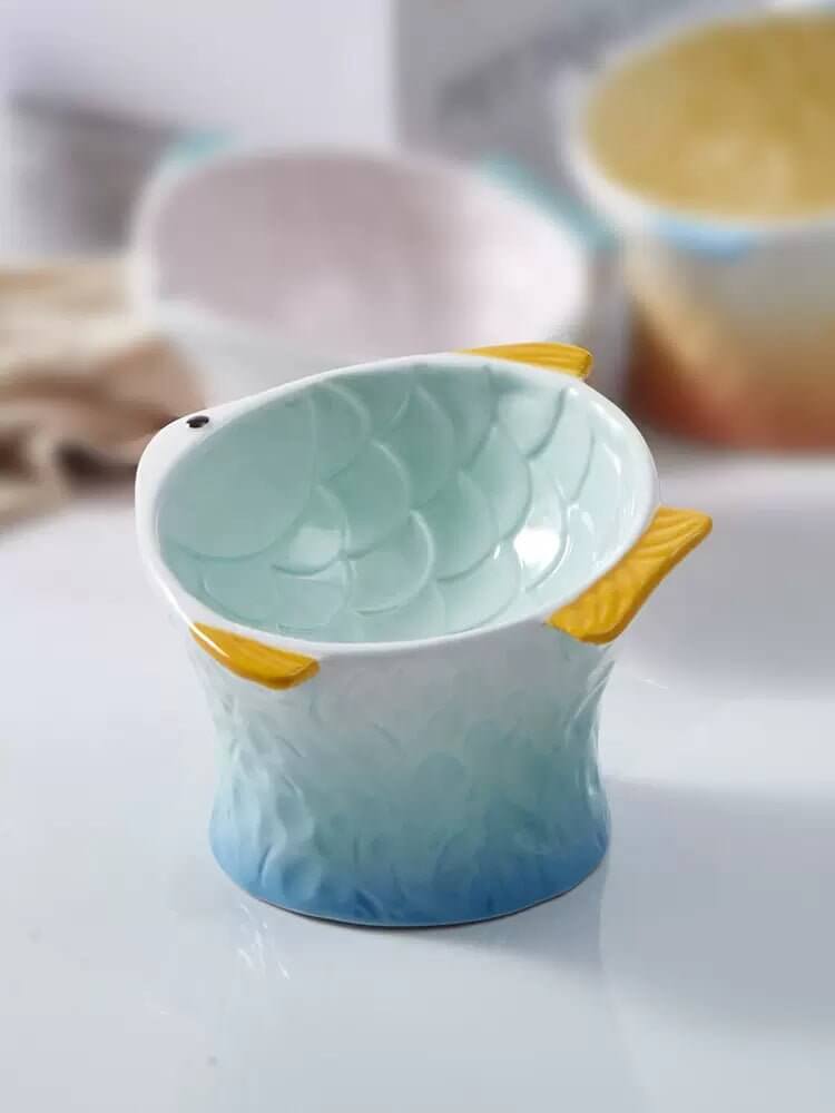 Fish Colored Ceramic Elevated Cat Bowl, Tilted Raised Dish for Cat or Dog - Happy 4 Paws