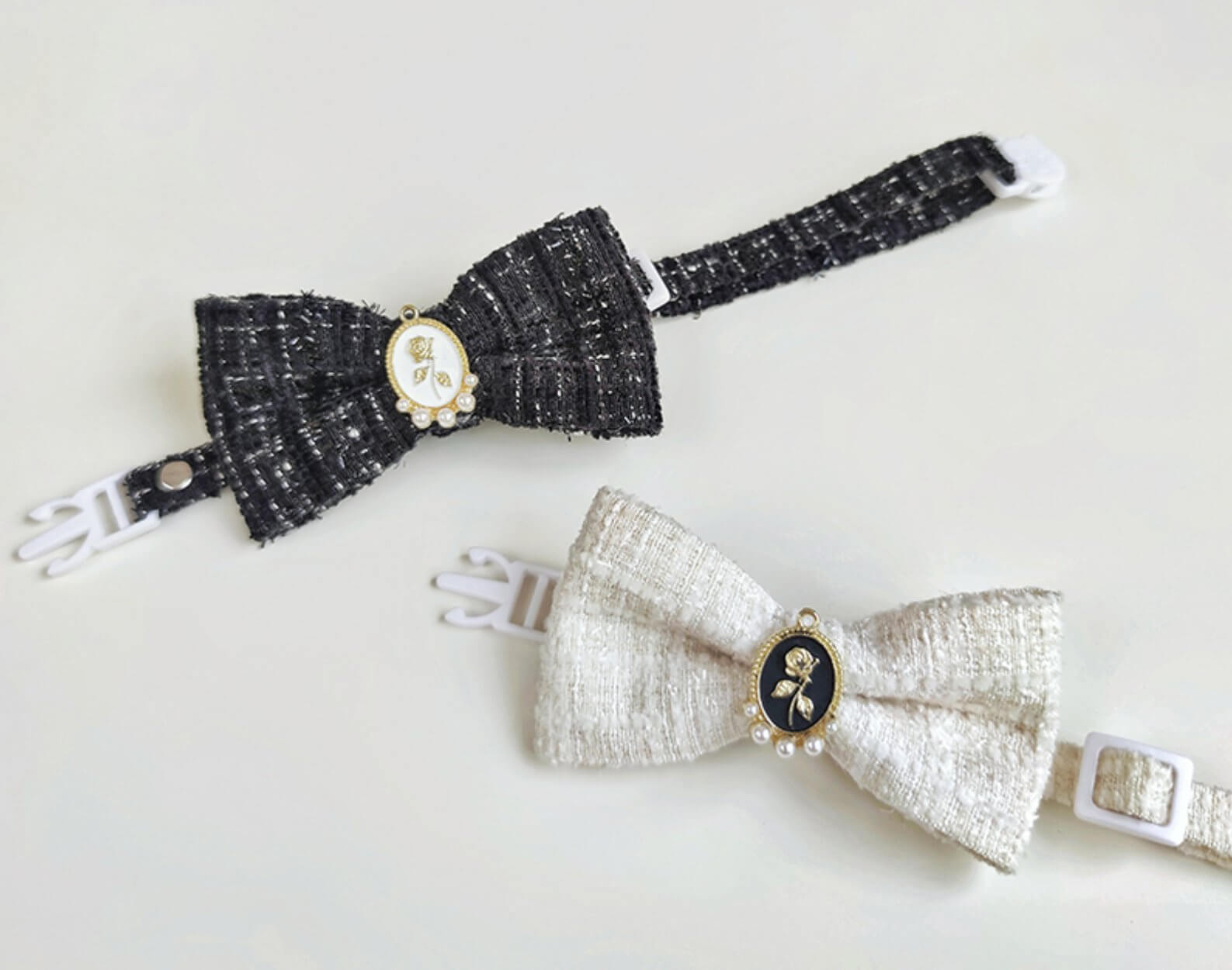 Pet Braided Plaid Collar Adjustable Breakaway with Vintage Pearl Bow Tie for Cats under 10kg - Happy 4 Paws