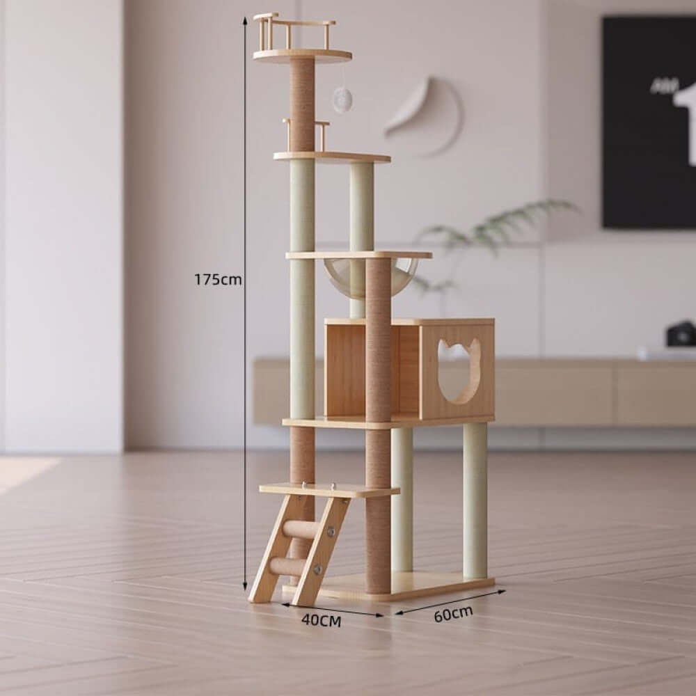 Multi-Level Wooden Cat Scratching Tree - 175cm