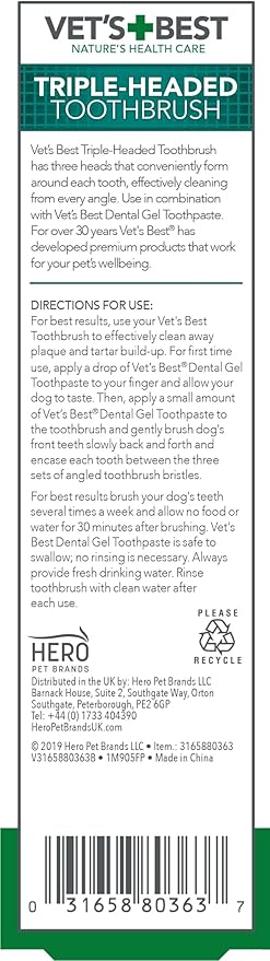 Vet's Best Advanced Triple-Head Toothbrush for Dogs - Comprehensive Oral Care