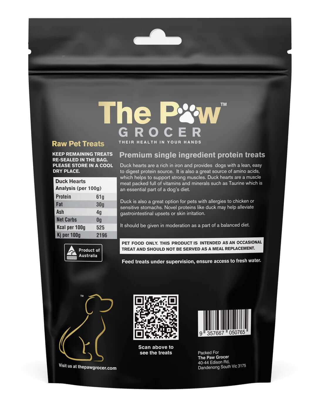 The Paw Grocer Freeze Black Label Responsibly Sourced Duck Hearts 72g - Happy 4 Paws