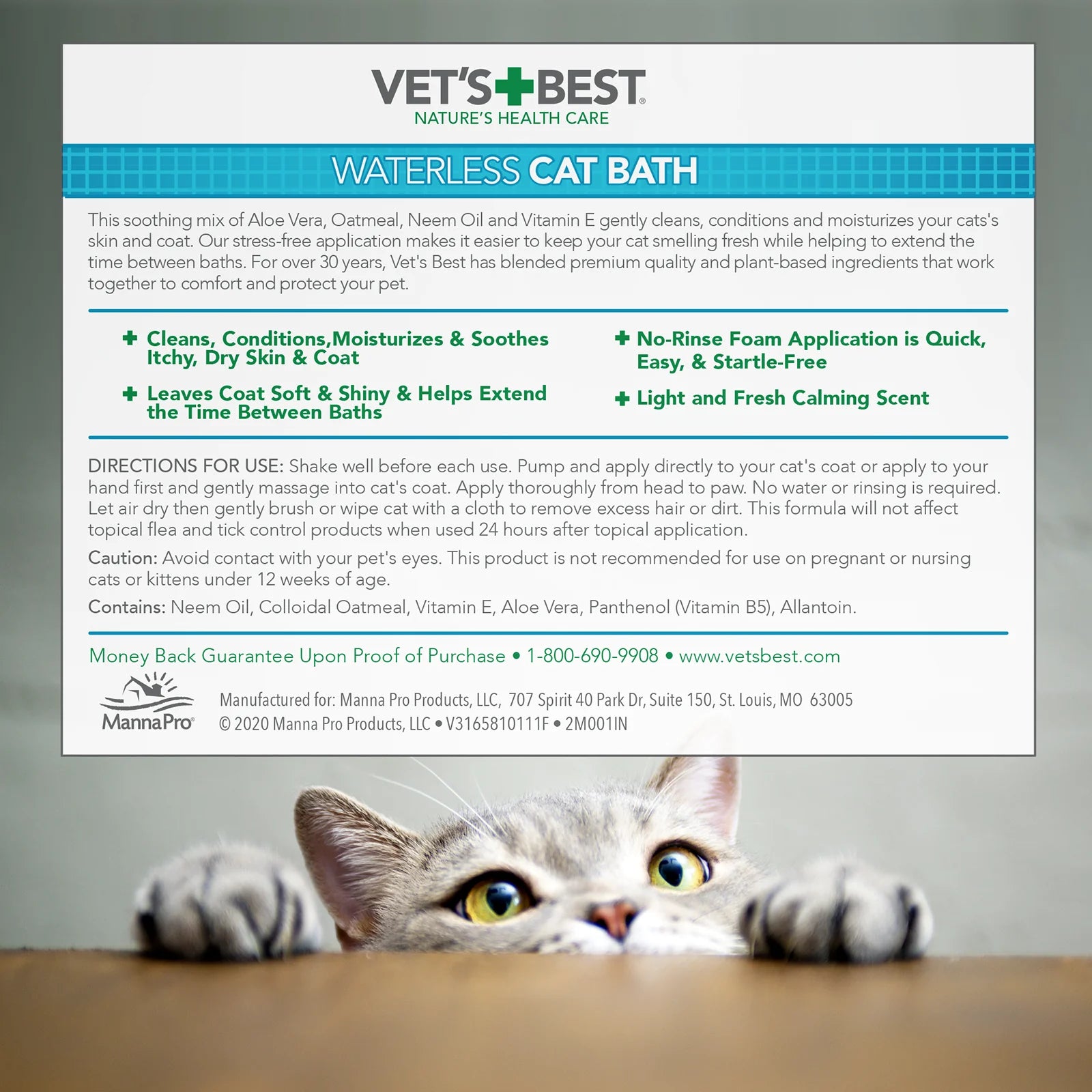 Vet's Best Waterless Cat Bath - Dry Shampoo for Cats, Gentle and Easy Cleaning