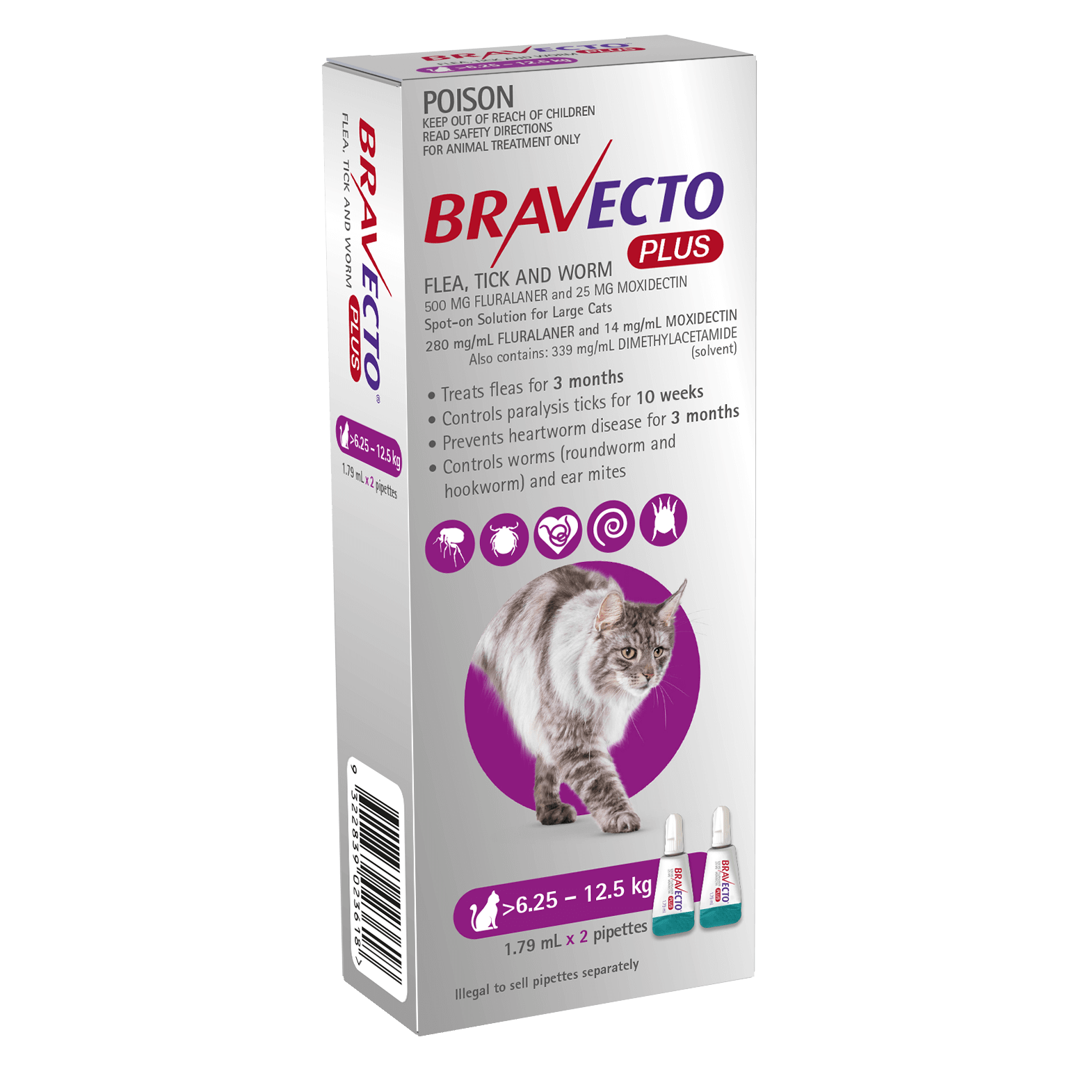 Bravecto Plus Cat Spot On Large 6.25 - 12.5kg Purple - 2pk - Happy 4 Paws