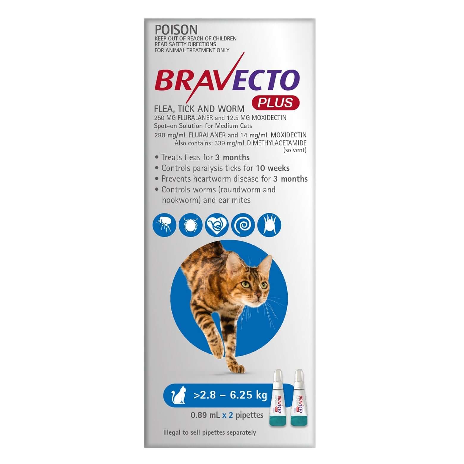 Bravecto Plus Cat Spot On Medium 2.8 - 6.25kg Blue - 2pk - Happy 4 Paws