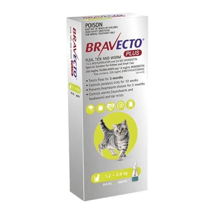 Bravecto Plus Cat Spot On Small 1.2 - 2.8kg Green - 1pk - Happy 4 Paws