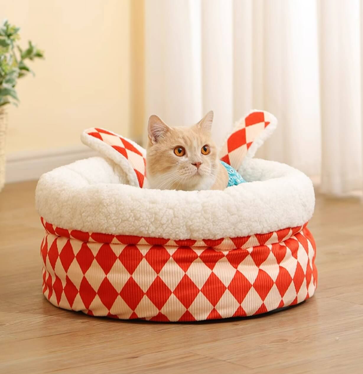 Bunny Ears Warm Fleece Bed Semi - enclosed Circus Style Pet Cave for Cat Small Dog - Happy 4 Paws