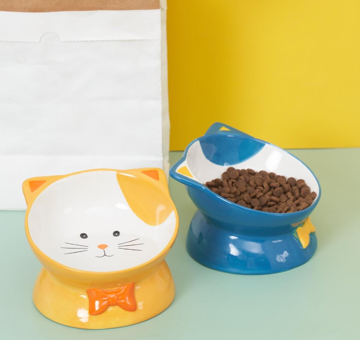 Cartoon Print Elevated Bowl For Cat Or Dog - Happy 4 Paws