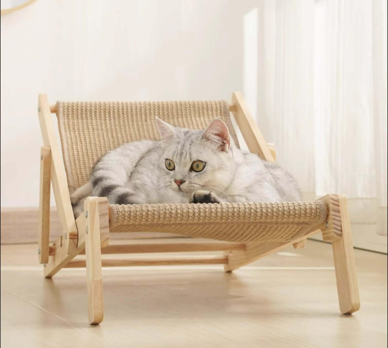 Cat Hammock Bed Modern Lounge Chair Wooden Sisal Durable for Cat under20kg - Happy 4 Paws