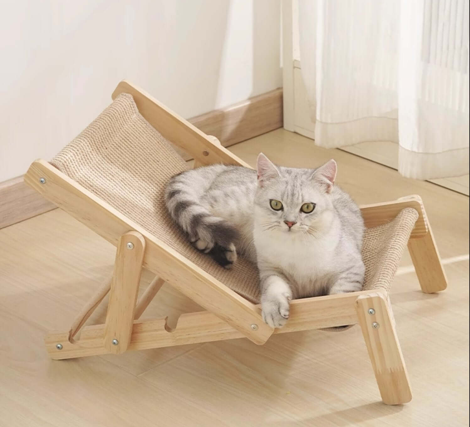 Cat Hammock Bed Modern Lounge Chair Wooden Sisal Durable for Cat under20kg - Happy 4 Paws