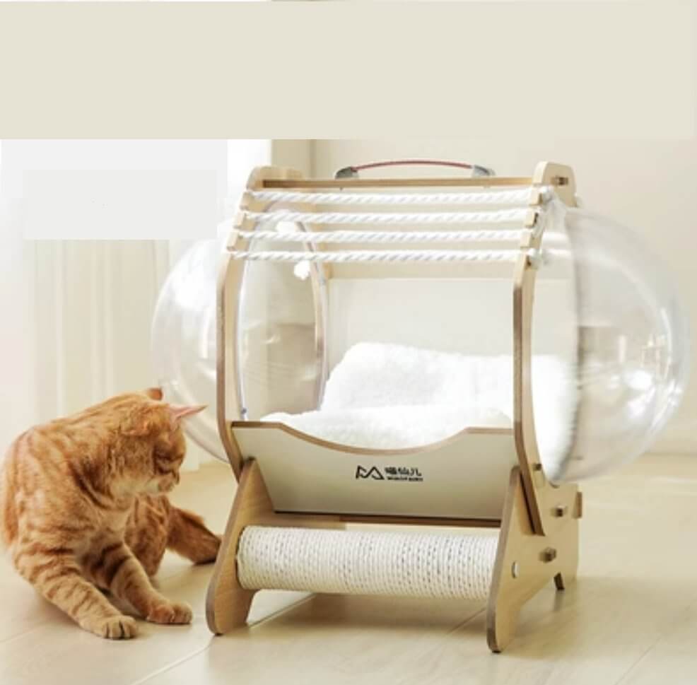 Cat Wooden Pet Bed Space Capsule with Cushion - Happy 4 Paws