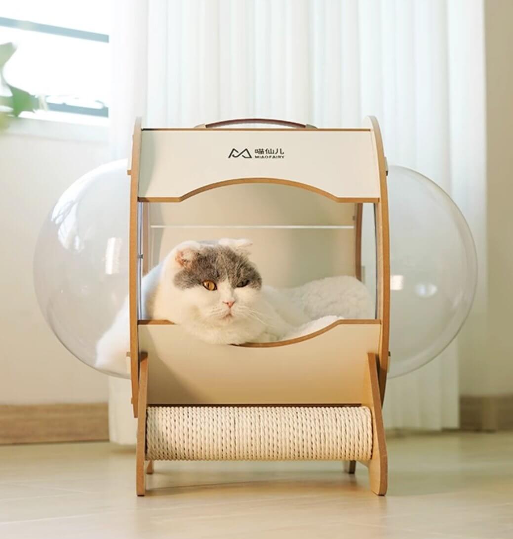 Cat Wooden Pet Bed Space Capsule with Cushion - Happy 4 Paws