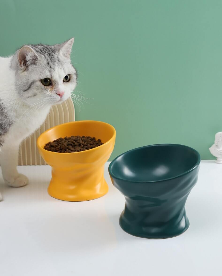 Ceramic Elevated Cat Bowl ,High Capacity, Pet Bowls for Cat or Dogs - Happy 4 Paws