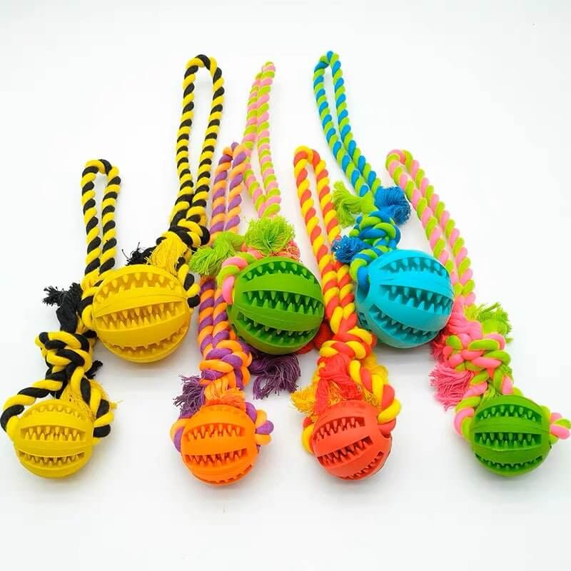 Chew Teething Durable Rubber Ball Food Dispensing Dog Rope Toy - Happy 4 Paws