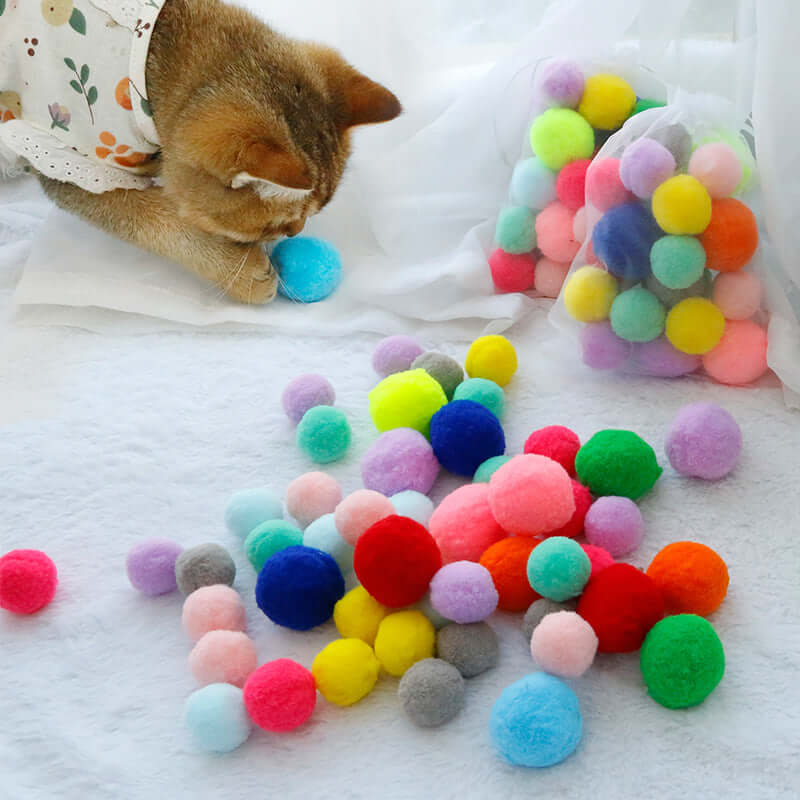 Cat Pom Pom Toy Soft Quiet Ball 20pcs 3cm Assorted 7 Colors - Happy 4 Paws