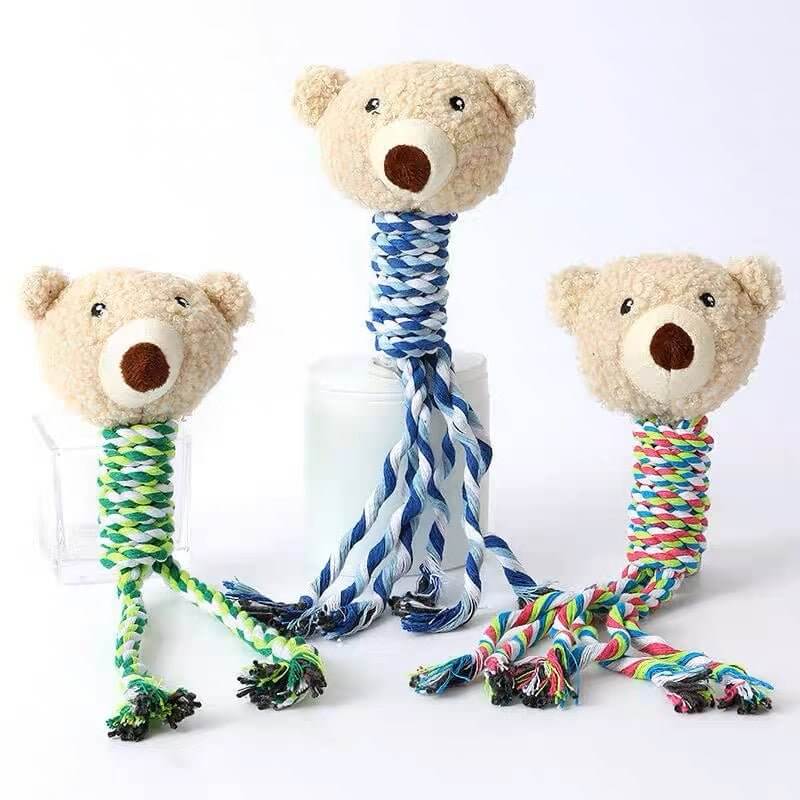 Dog Bear Teething Chew Squeaky Toy with Rope for Puppy Small Medium Dogs - Happy 4 Paws