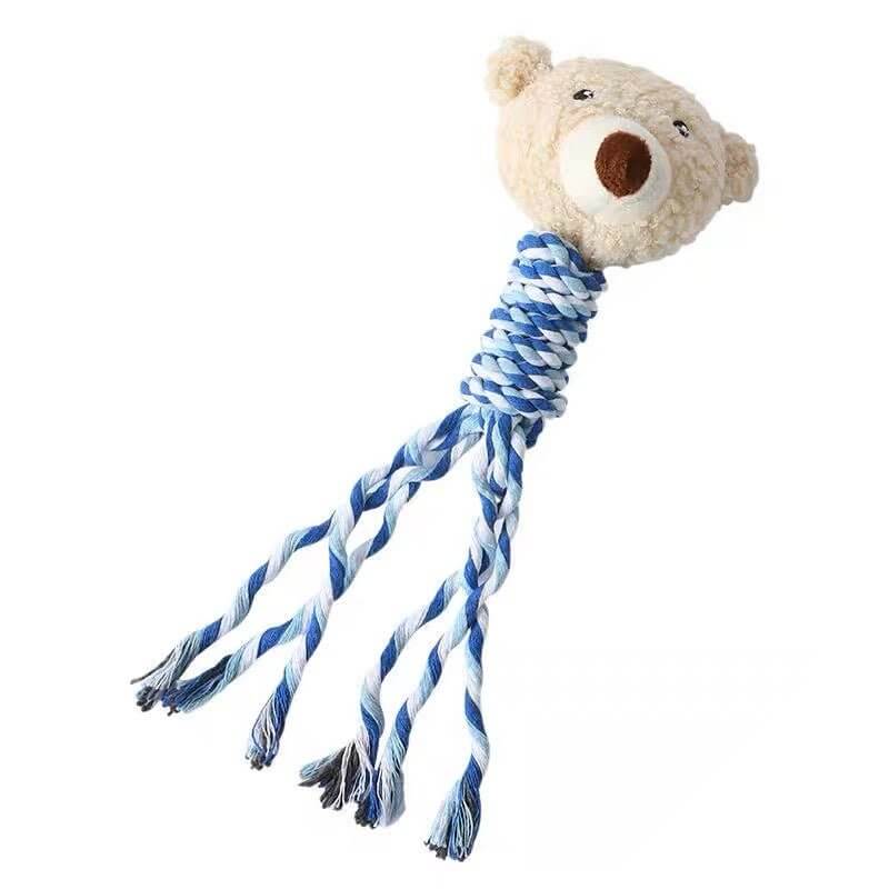 Dog Bear Teething Chew Squeaky Toy with Rope for Puppy Small Medium Dogs - Happy 4 Paws