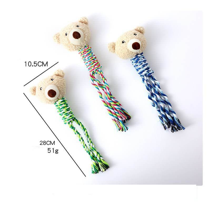 Dog Bear Teething Chew Squeaky Toy with Rope for Puppy Small Medium Dogs - Happy 4 Paws