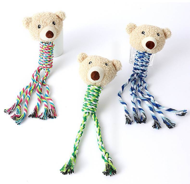 Dog Bear Teething Chew Squeaky Toy with Rope for Puppy Small Medium Dogs - Happy 4 Paws