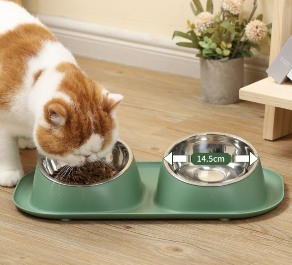 Dog Cat Food and Water Bowl Set With 2 Removable Stainless Steel Feeding Bowls - Happy 4 Paws