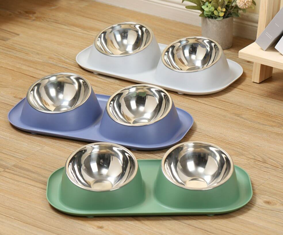 Dog Cat Food and Water Bowl Set With 2 Removable Stainless Steel Feeding Bowls - Happy 4 Paws