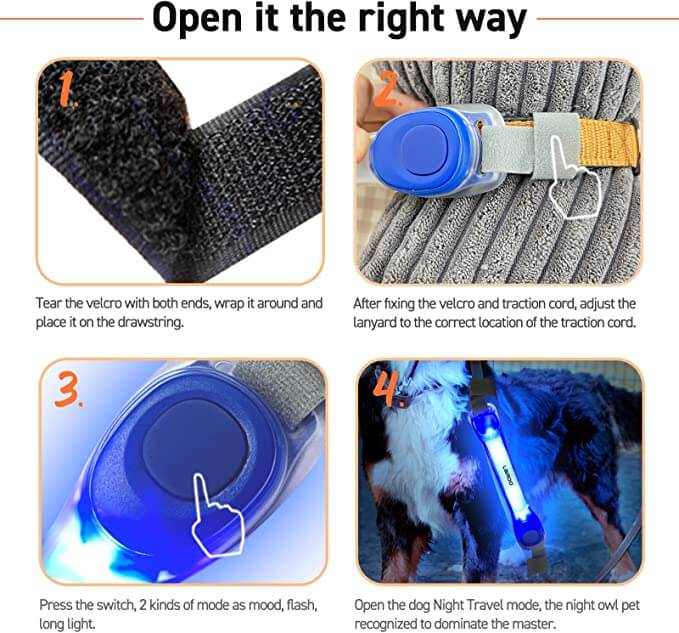 Dog Lights with Nylon Stickers for Night Walking Glowing Accessories for Collar Leash Harness - Happy 4 Paws