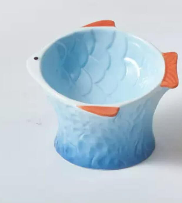 Fish Colored Ceramic Elevated Cat Bowl, Tilted Raised Dish for Cat or Dog - Happy 4 Paws