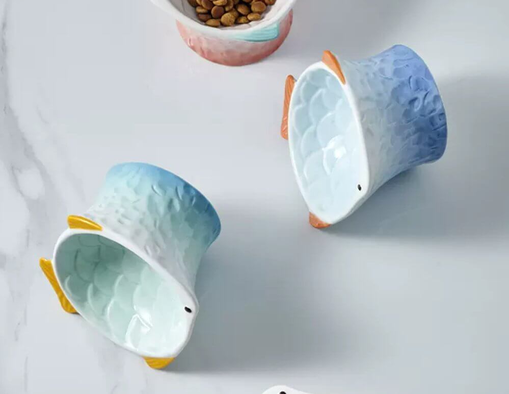 Fish Colored Ceramic Elevated Cat Bowl, Tilted Raised Dish for Cat or Dog - Happy 4 Paws