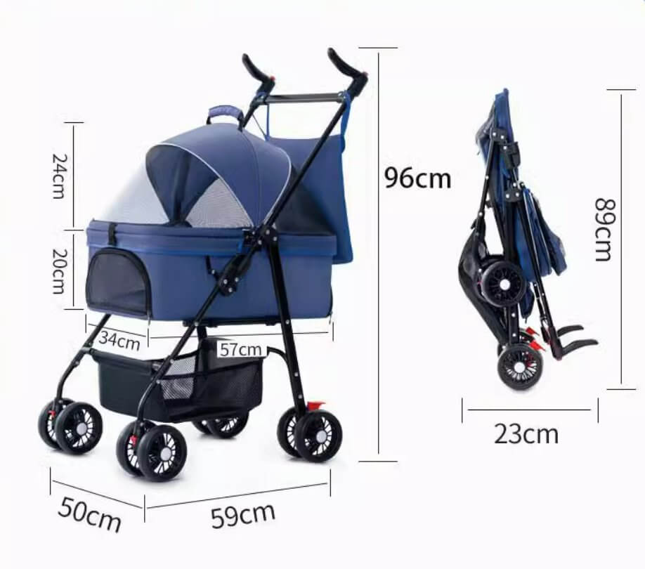 Foldable Pet Stroller Cat Dog Detachable Carrier for Travel Shopping Walking - Happy 4 Paws