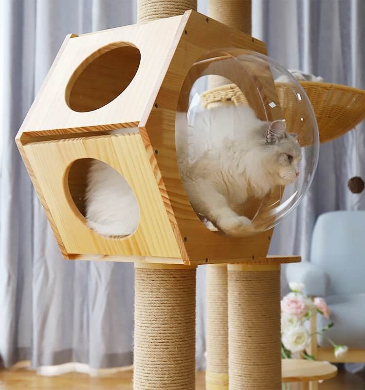 Luxury Space Capsule Woven Basket Cat Tree Tower - Happy 4 Paws