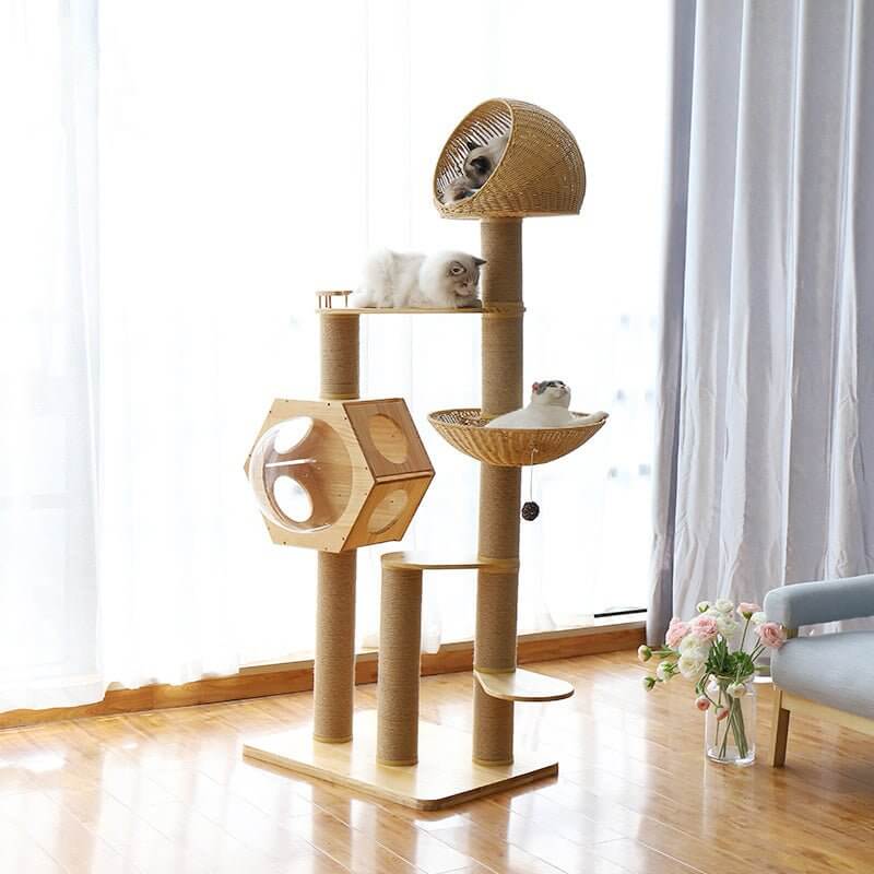 Luxury Space Capsule Woven Basket Cat Tree Tower - Happy 4 Paws