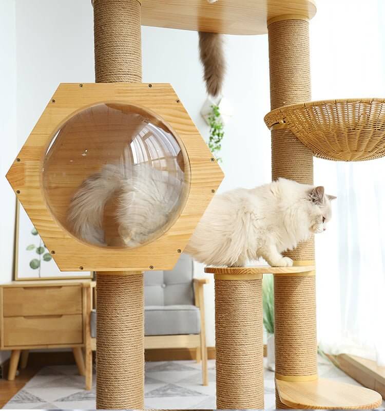 Luxury Space Capsule Woven Basket Cat Tree Tower - Happy 4 Paws