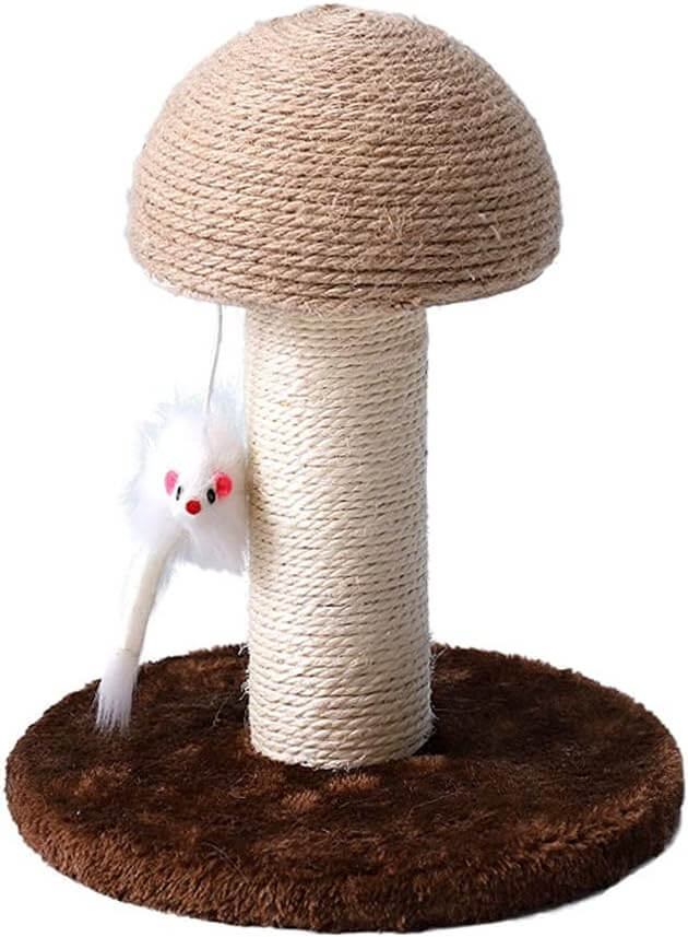 Mushroom Sisal Rope Cat Scratching Tree with Hanging Mouse Toy - Happy 4 Paws