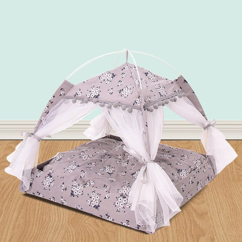 Pet Bed Cat Nest Princess Curtain Design Tent with Canopy & Flowers Pattern - Happy 4 Paws