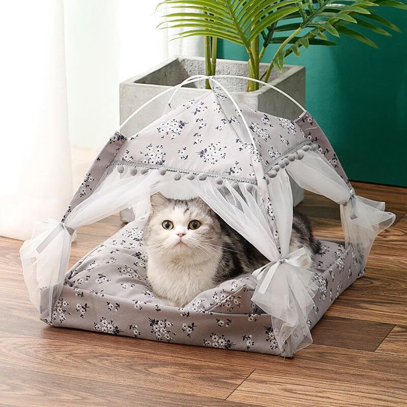 Pet Bed Cat Nest Princess Curtain Design Tent with Canopy & Flowers Pattern - Happy 4 Paws