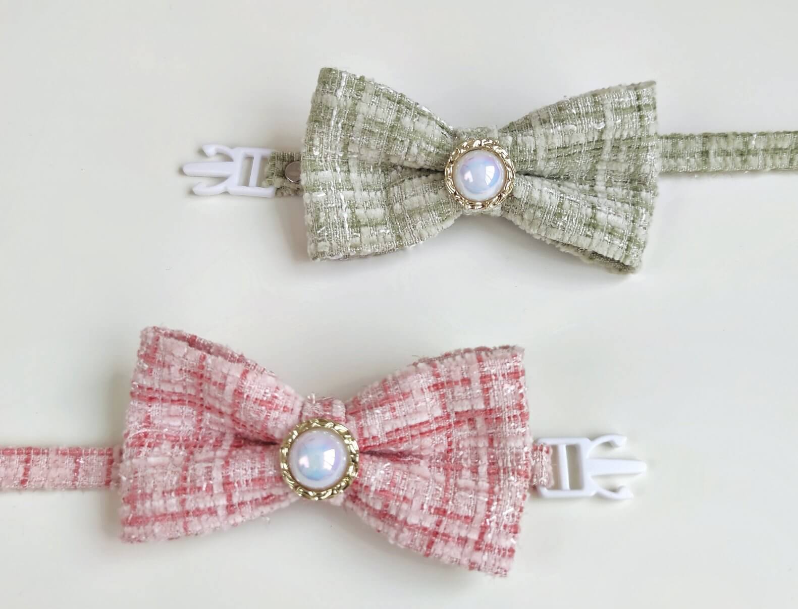 Pet Braided Plaid Collar Adjustable Breakaway with Vintage Pearl Bow Tie for Cats under 10kg - Happy 4 Paws