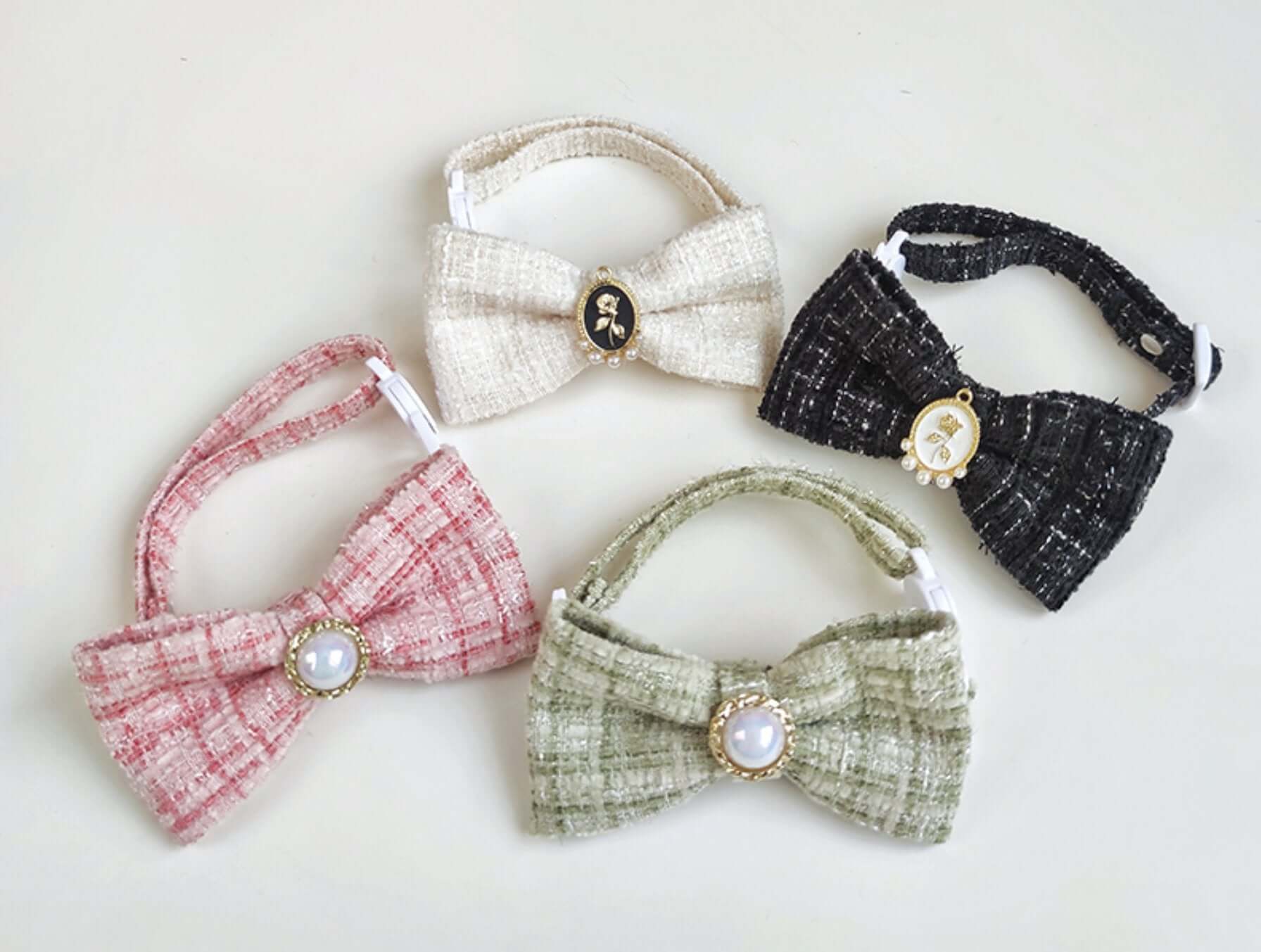 Pet Braided Plaid Collar Adjustable Breakaway with Vintage Pearl Bow Tie for Cats under 10kg - Happy 4 Paws