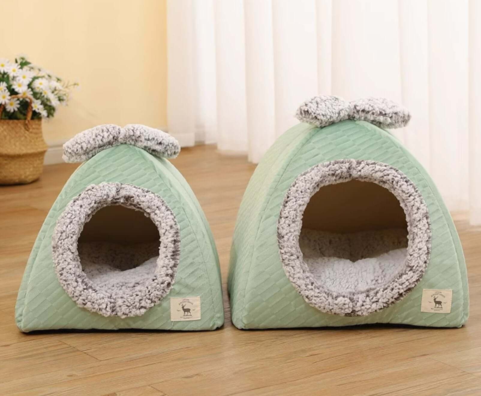 Pet Cave Bed Warm Cat Nest Fleece Bed with Bow for Cat Small Dog - Happy 4 Paws