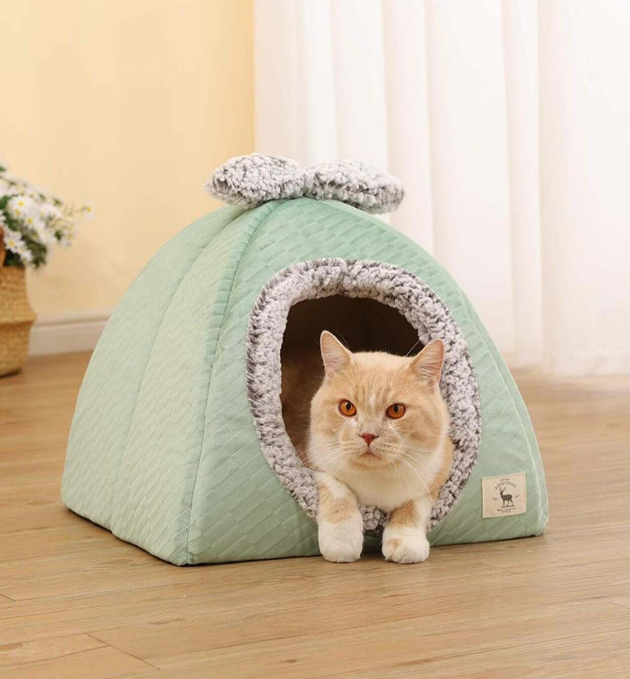 Pet Cave Bed Warm Cat Nest Fleece Bed with Bow for Cat Small Dog - Happy 4 Paws