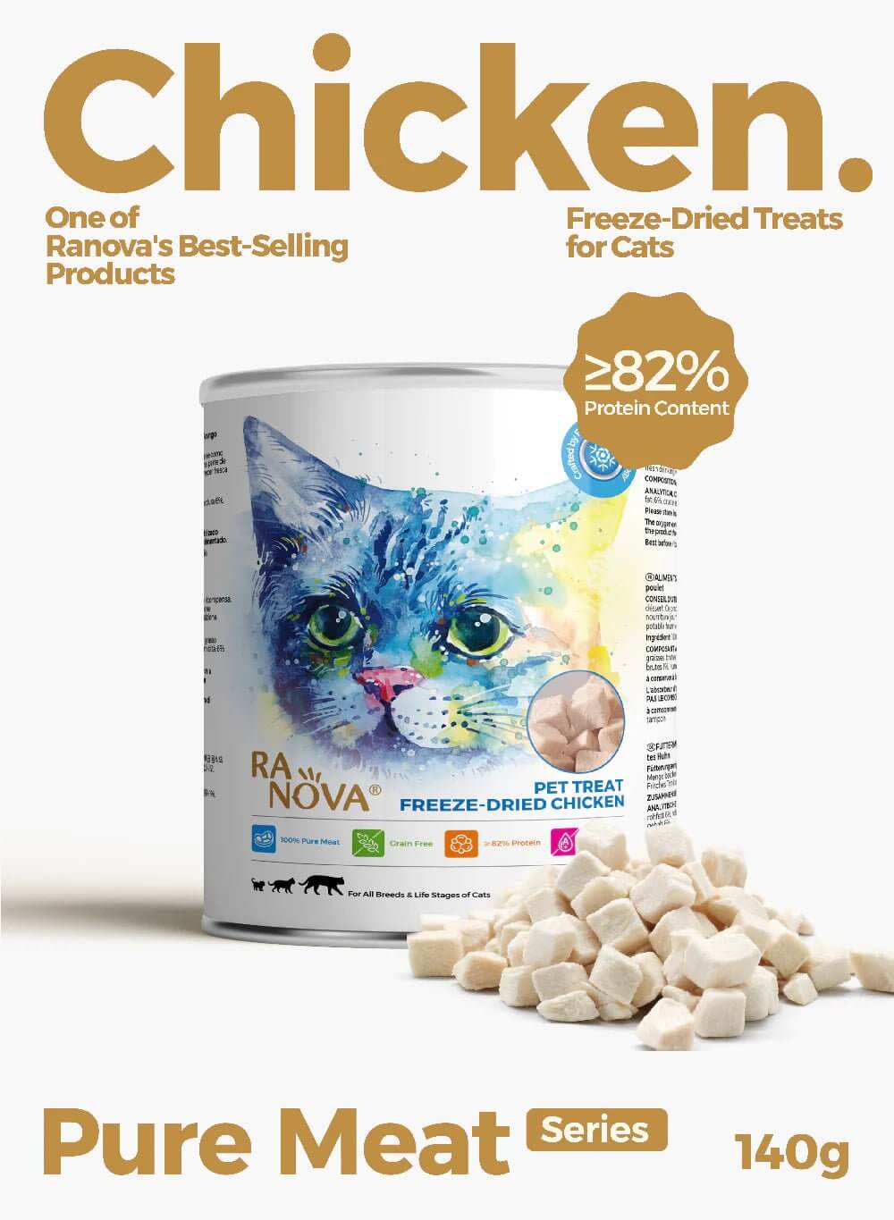 RANOVA Freeze Dried Cat Treats Raw Food - 100% Chicken Breast Grain Free - 140g - Happy 4 Paws