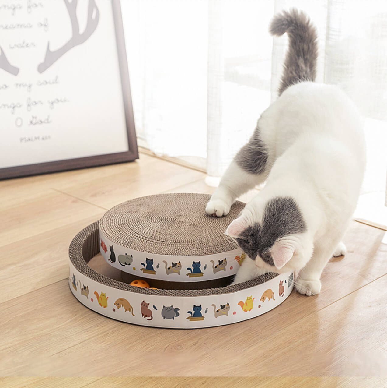 Round Cat Scratching Lounge Bed with 2 Bell Balls Toy - Happy 4 Paws