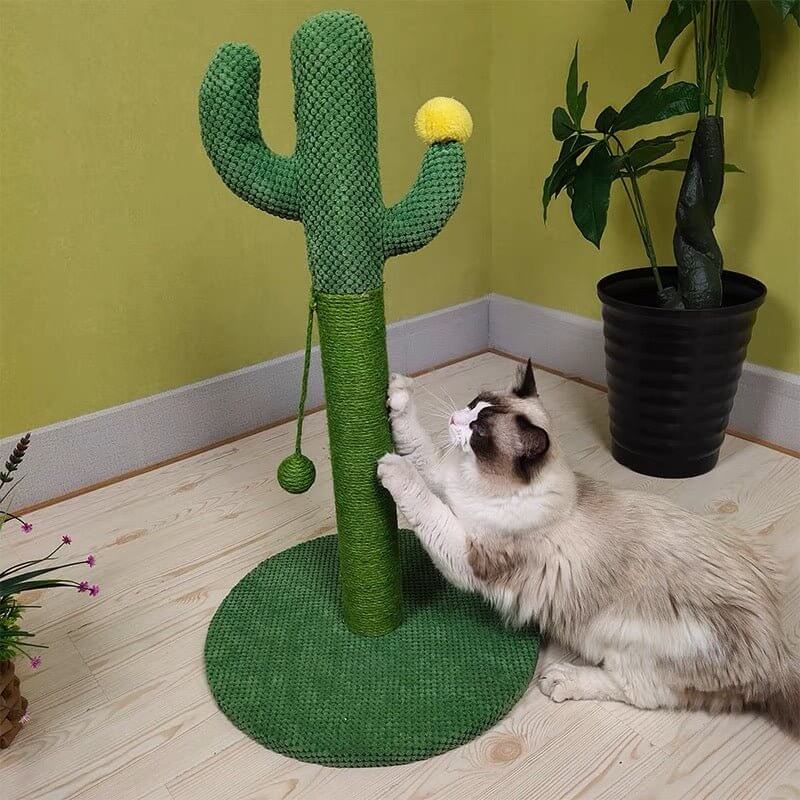 Sisal Cactus Cat Scratching Pole Woven Rope Cat Tree with Teaser Ball - Happy 4 Paws