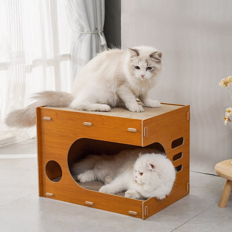 Solid Wood Corrugated Paper Cat Scratcher Bed - Happy 4 Paws