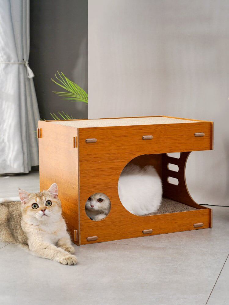 Solid Wood Corrugated Paper Cat Scratcher Bed - Happy 4 Paws