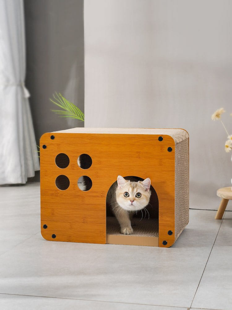 Solid Wood Corrugated Paper Cat Scratcher Bed - Happy 4 Paws