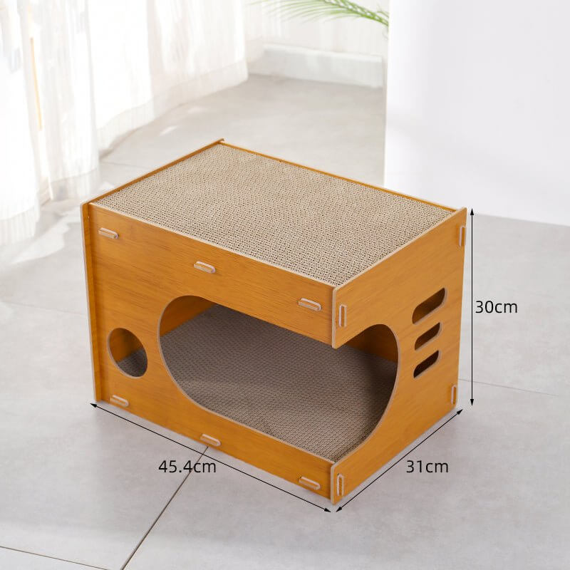 Solid Wood Corrugated Paper Cat Scratcher Bed - Happy 4 Paws