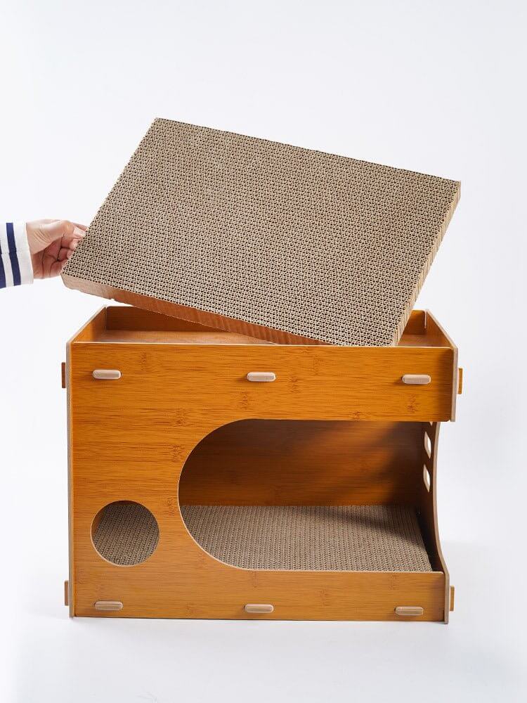 Solid Wood Corrugated Paper Cat Scratcher Bed - Happy 4 Paws