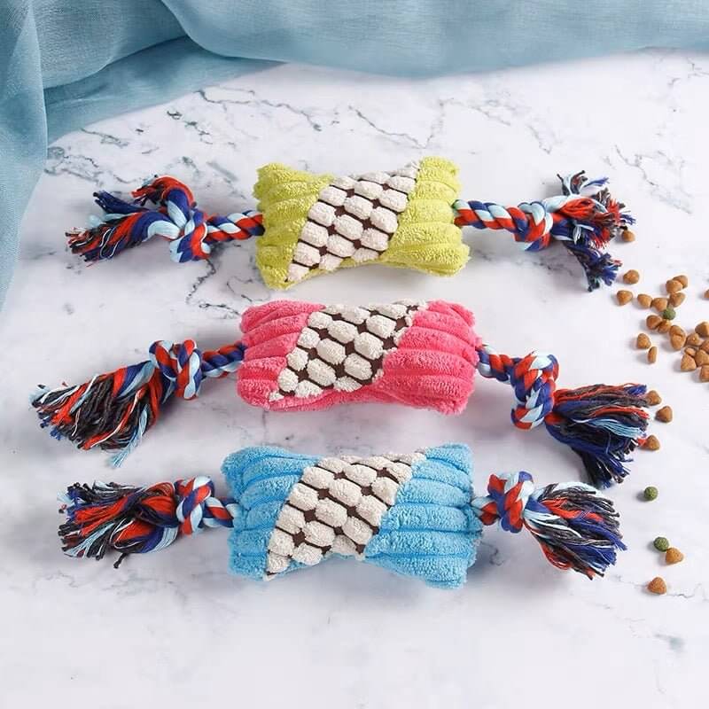 Squeaky Dog Plush Teething Toy Candy - Shaped Rope Toys - Happy 4 Paws