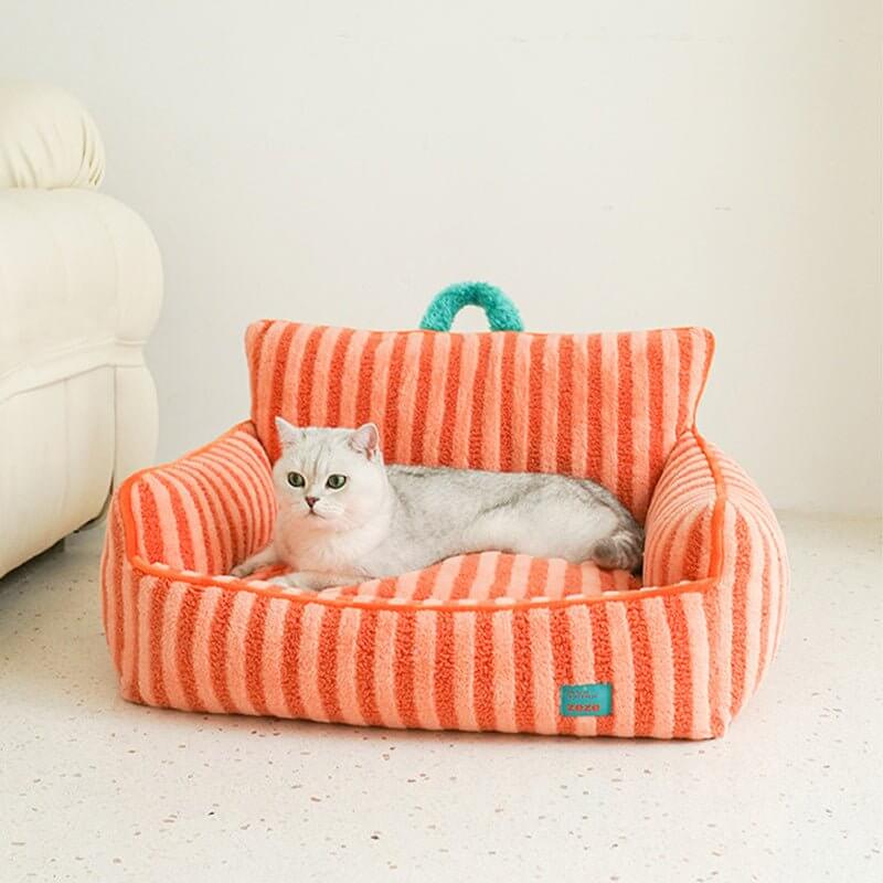 Striped Furry Pet Sofa Soft Bed with Pocket for Cat Dog Orange - Happy 4 Paws