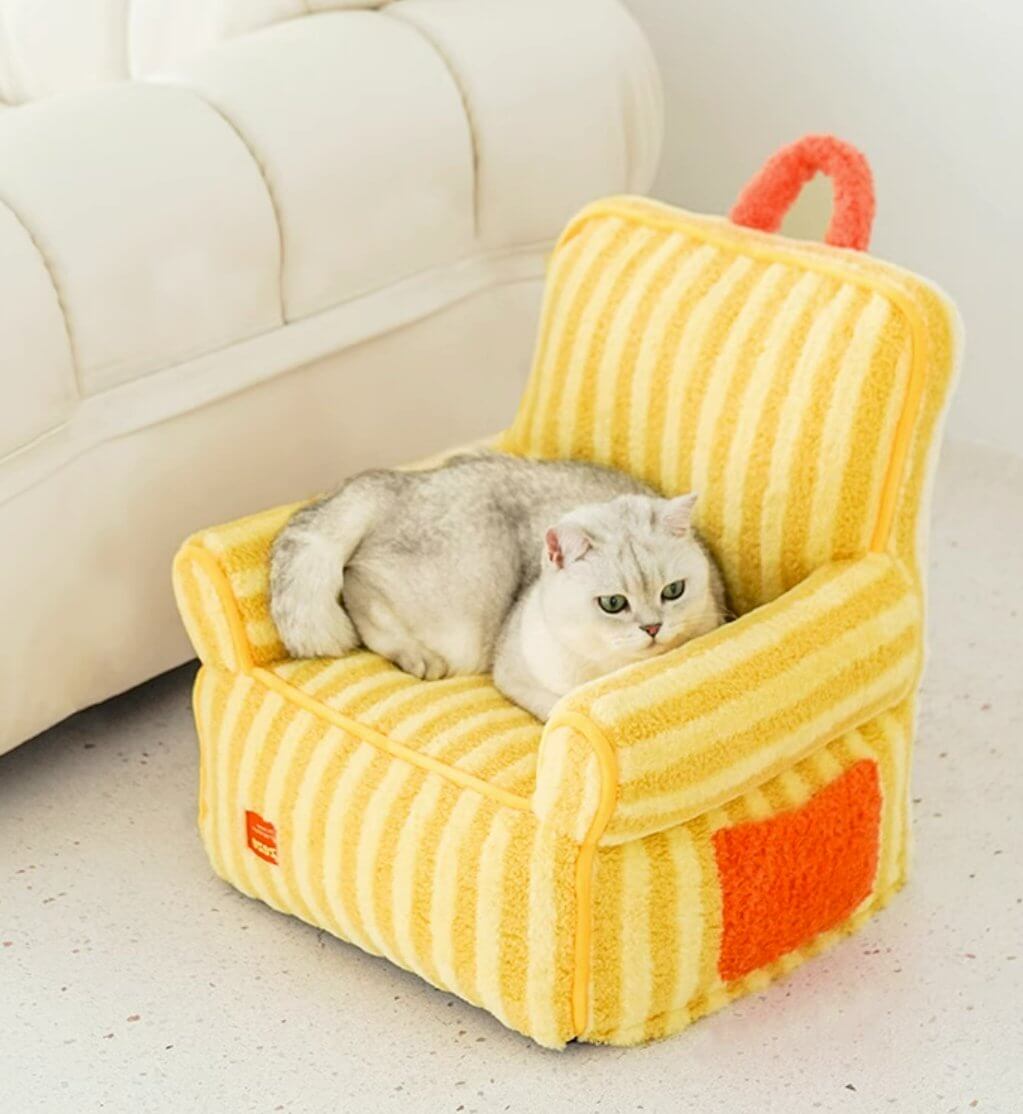 Striped Furry Pet Sofa Soft Bed with Pocket for Cat Dog Yellow - Happy 4 Paws